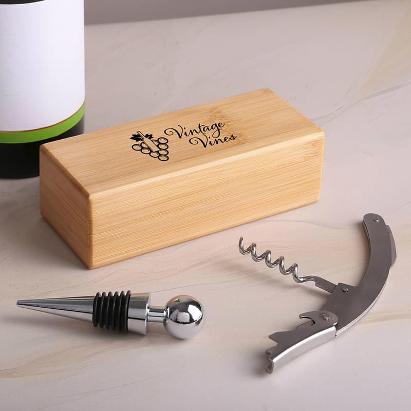 2-Piece Bamboo Wine Opener Set w/ Magnetic Closure